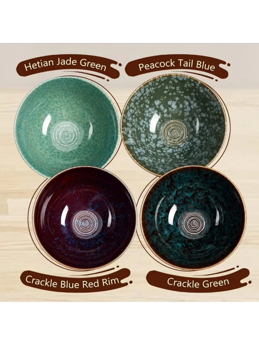 Set of 4 Peacock Green Ceramic Ramen Bowls - 40oz Japanese Style Dinnerware